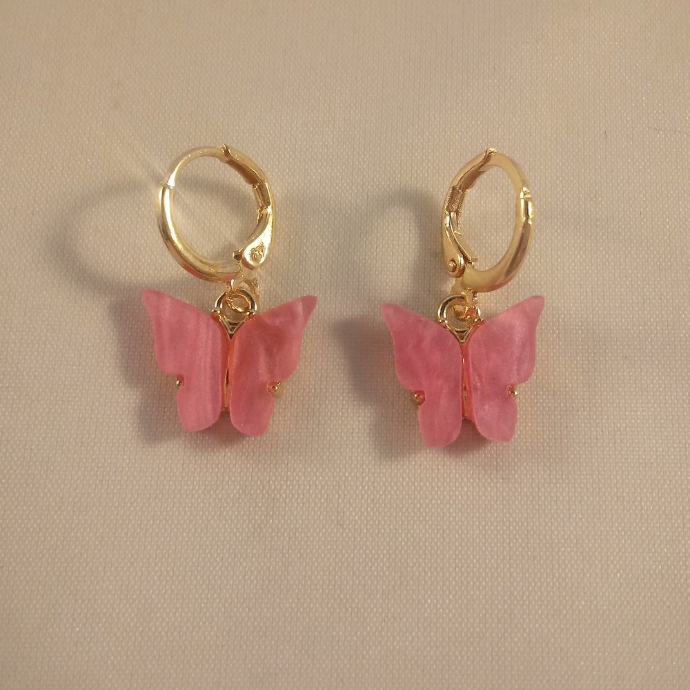 Gold Plated Pink Opal Resin Butterfly Dangle Earrings 12mm Party Gift - Picture 2 of 2